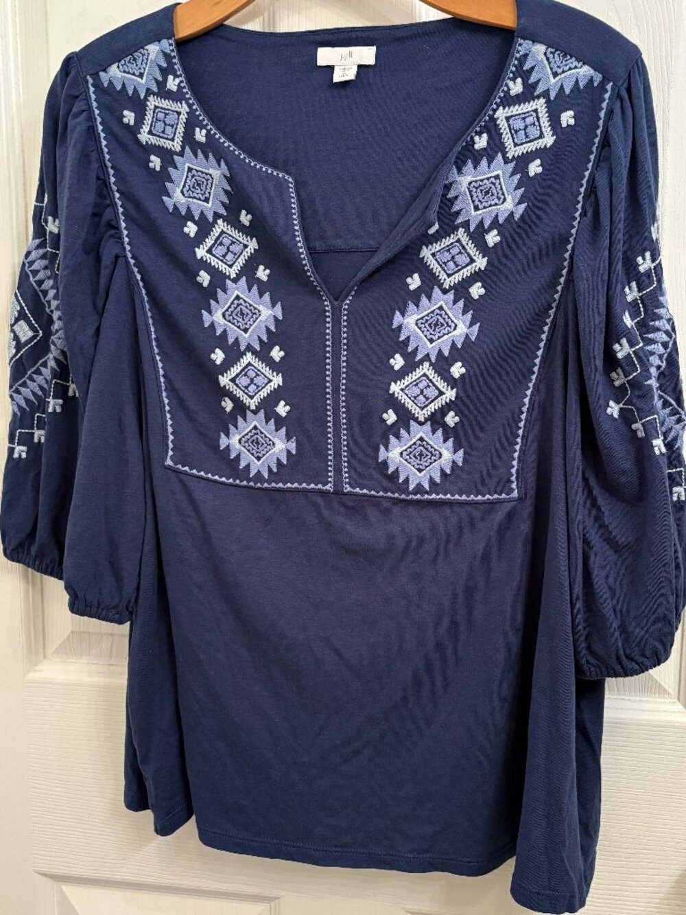 J. Jill Navy Embroidered V Neck Short Sleeve Top size XL Petite